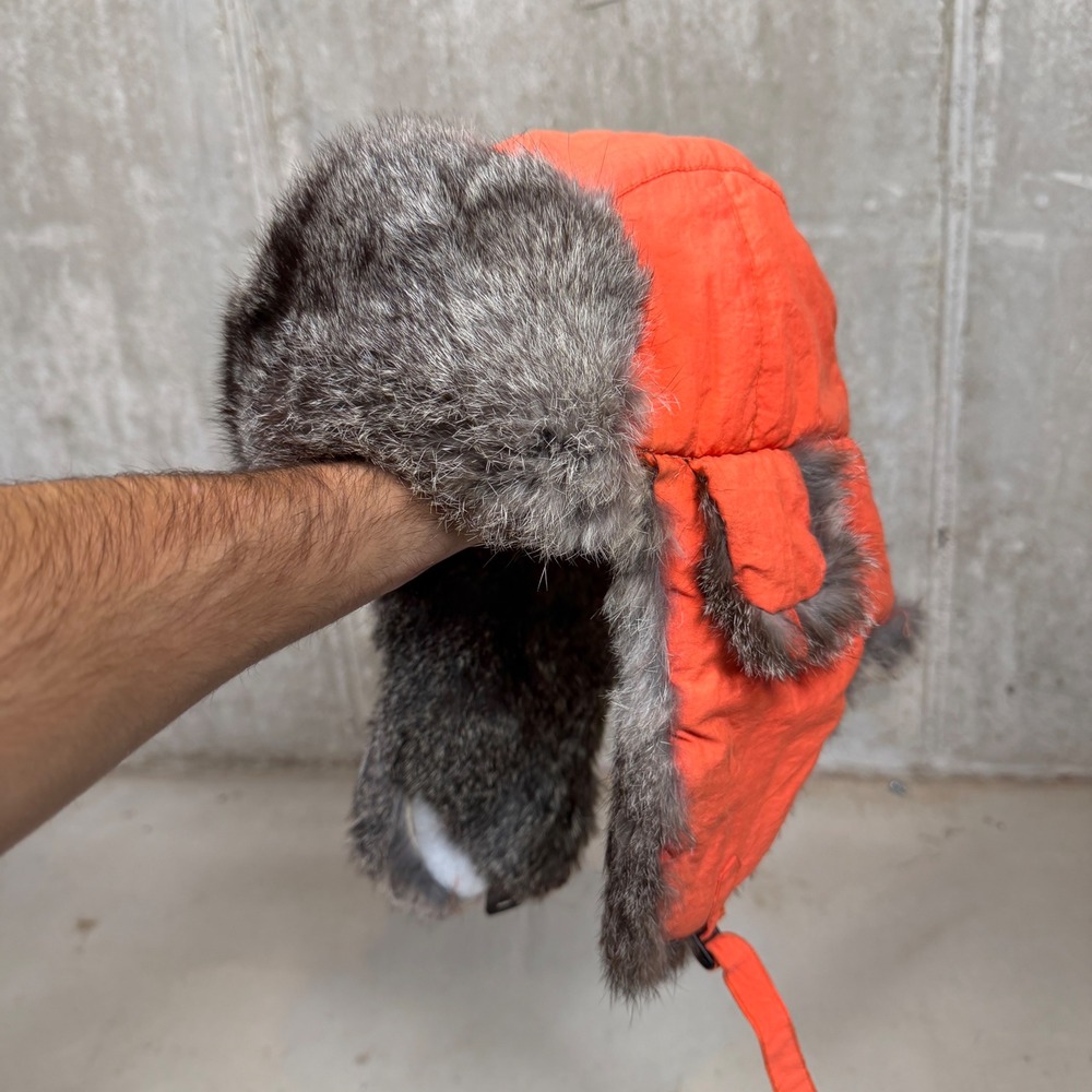 Mad Bomber Blaze Orange Trapper Hat Natural Rabbit Fur Trim XL Hunting Cap